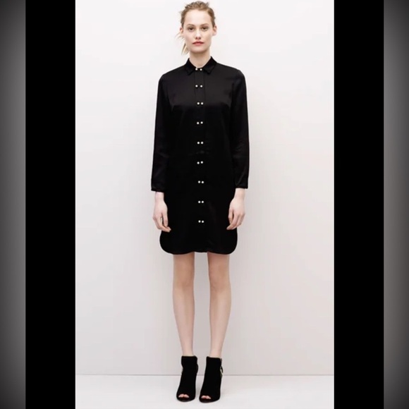 Ann Taylor Black Satin Long Sleeve Shirt Dress Size XSP - Picture 1 of 7